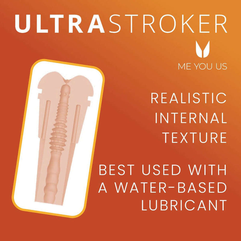 Me You Us Ultra Stroker Anal Vanilla packaging showing realistic internal texture and lubricant recommendation.