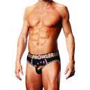 Model wearing Prowler Oversized Paw Open Brief Black XL featuring the signature paw print logo in pride colors.