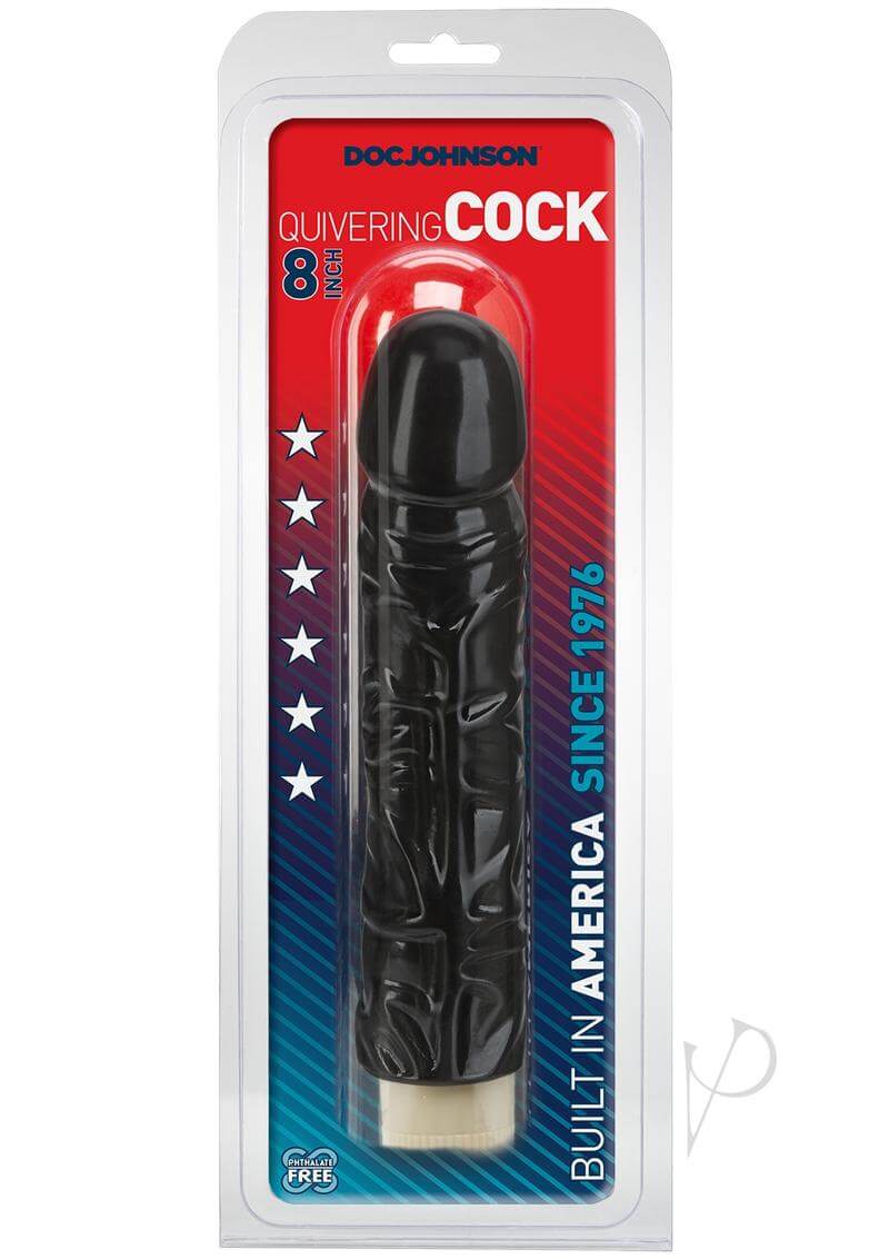 Quivering Cock Black 8-inch vibrator in packaging with realistic sensations and multi-speed control