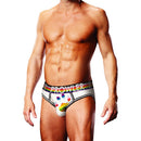 Prowler Oversized Paw Open Brief White XL displayed on a man, showcasing bold Pride colors and open-back design.