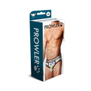 Prowler Oversized Paw Brief White Medium packaging showcasing a man's torso with colorful paw graphic.