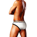 Prowler Oversized Paw Brief White Medium showcased on a model, emphasizing comfort and LGBTQ+ pride colors.