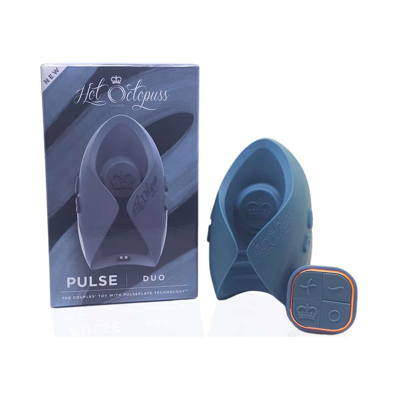 Hot Octopuss Pulse Duo Remote Control Vibrating Stroker Blue with packaging and remote control.