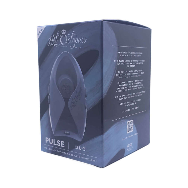 Hot Octopuss Pulse Duo Remote Control Vibrating Stroker Blue packaging featuring ergonomic design and features.