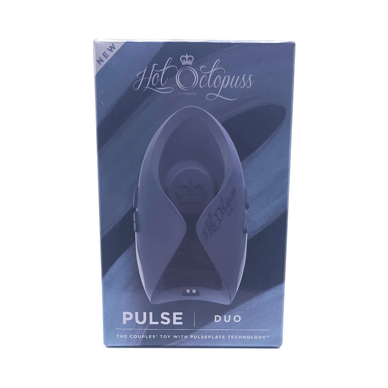 Hot Octopuss Pulse Duo Remote Control Vibrating Stroker Blue packaging showcasing its sleek design and features.