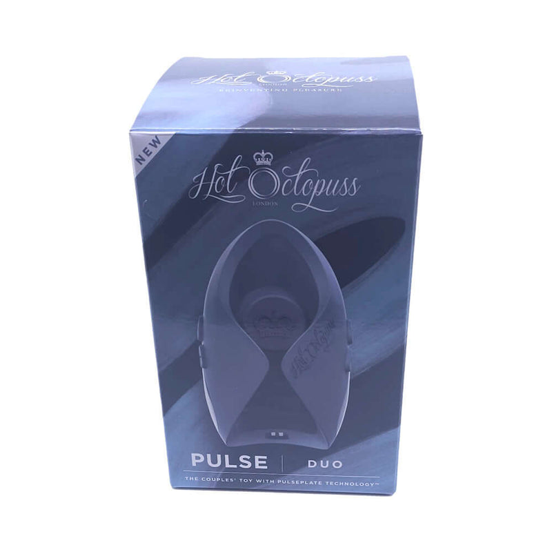 Hot Octopuss Pulse Duo Remote Control Vibrating Stroker Blue packaged product box image.