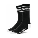 Prowler Red Chaser Black Cotton Socks featuring bold white accents and playful slogan for stylish comfort.