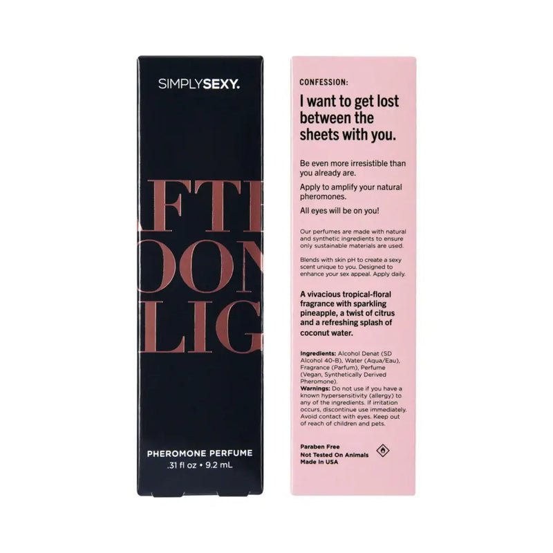 Simply Sexy Pheromone Perfume Spray Afternoon Delight packaging with tropical-floral fragrance description.