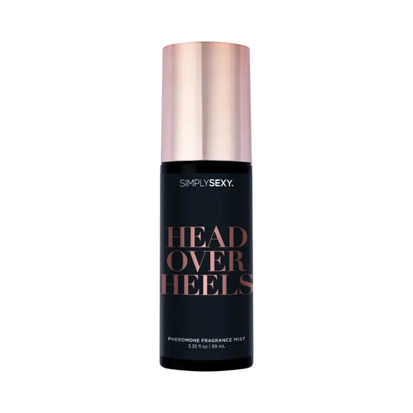 Simply Sexy Pheromone Body Mist Head Over Heels 3.35 oz bottle with a sleek design for an alluring fragrance.