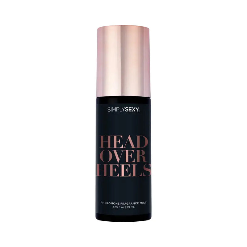 Simply Sexy Pheromone Body Mist Head Over Heels 3.35 oz bottle with a sleek design for an alluring fragrance.