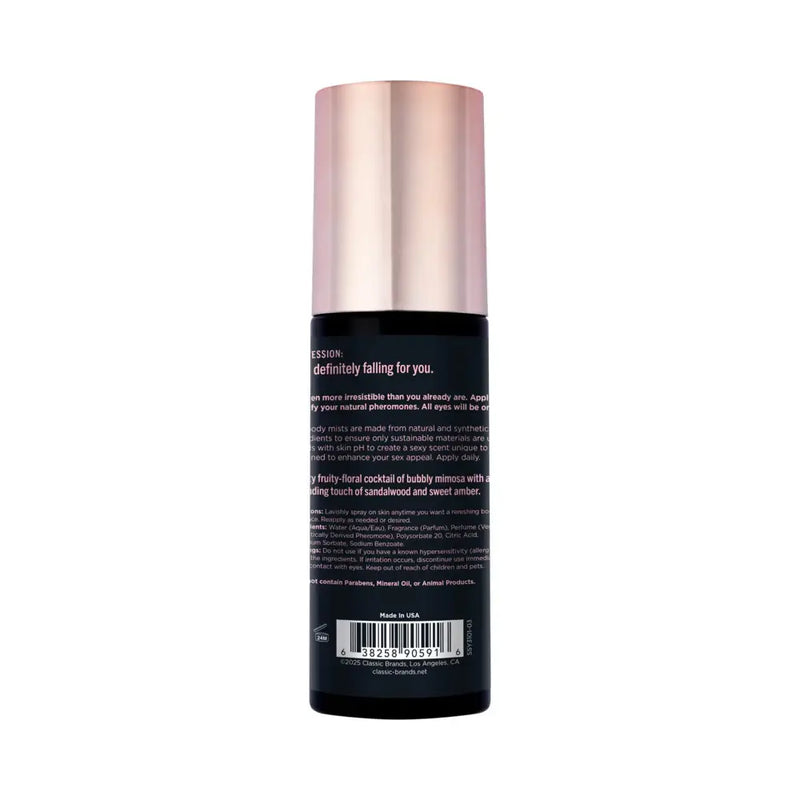 Simply Sexy Pheromone Body Mist Head Over Heels 3.35 oz bottle with playful floral fragrance description.