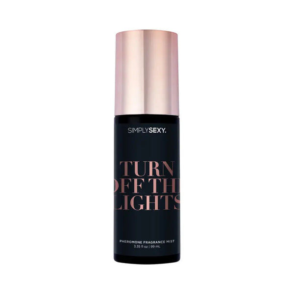 Simply Sexy Pheromone Body Mist Turn Off The Lights 3.35 oz bottle with sleek design and rose gold accent.