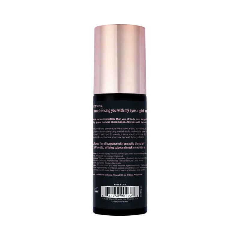 Simply Sexy Pheromone Body Mist Turn Off The Lights 3.35 oz bottle back view with detailed label and description.