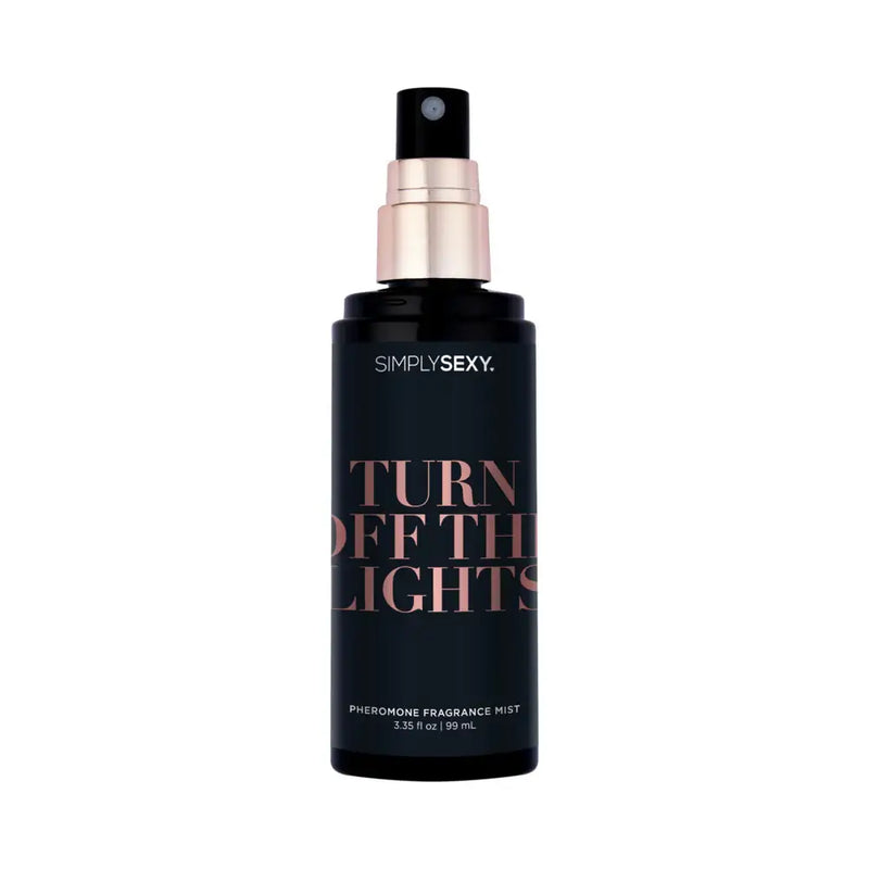 Simply Sexy Pheromone Body Mist Turn Off The Lights 3.35 oz bottle with elegant black and rose gold design.