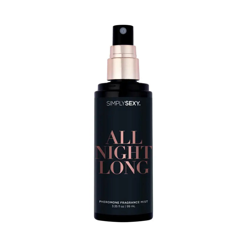 Simply Sexy Pheromone Body Mist All Night Long 3.35 oz bottle with spray nozzle for alluring fragrance.