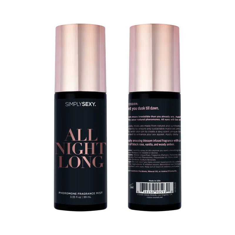 Simply Sexy Pheromone Body Mist All Night Long 3.35 oz bottle with a floral scent and black rose, vanilla, and amber notes.