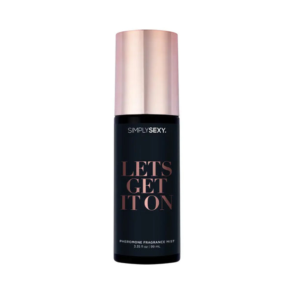 Simply Sexy Pheromone Body Mist Let's Get It On 3.35 oz, a flirty fragrance in a sleek spray bottle.