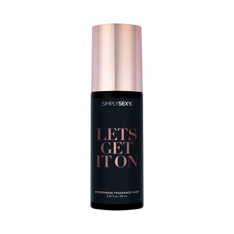 Simply Sexy Pheromone Body Mist Let's Get It On 3.35 oz, a flirty fragrance in a sleek spray bottle.