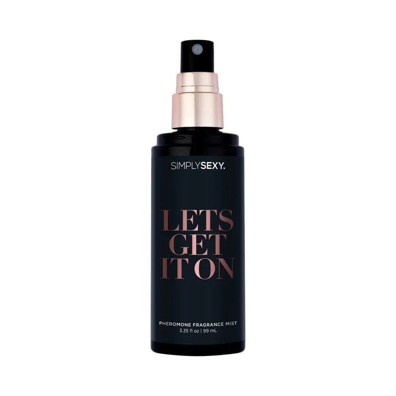 Simply Sexy Pheromone Body Mist Let's Get It On 3.35 oz bottle with a sleek design, perfect for attracting attention.