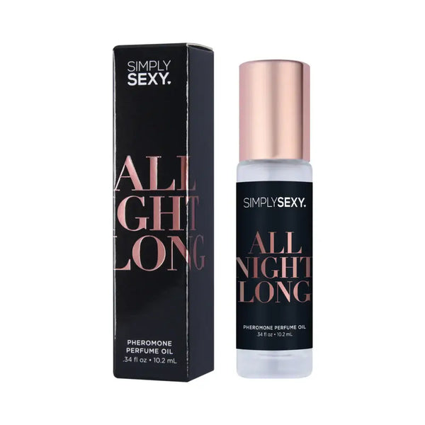 Simply Sexy Pheromone Perfume Oil Roll On All Night Long in packaging for seductive fragrance and lasting appeal.