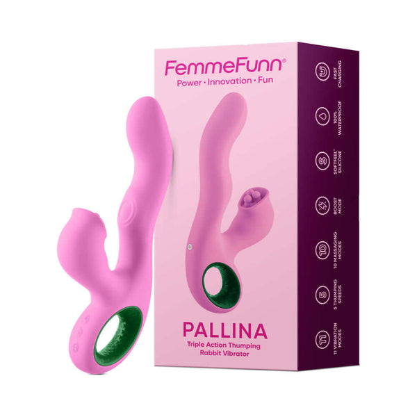 FemmeFunn Pallina Triple Action Thumping Rabbit Vibrator Pink in packaging showcasing its features and design.