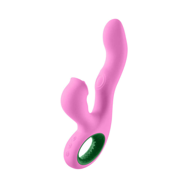 FemmeFunn Pallina Triple Action Thumping Rabbit Vibrator Pink, showcasing its curved design and vibrant color.
