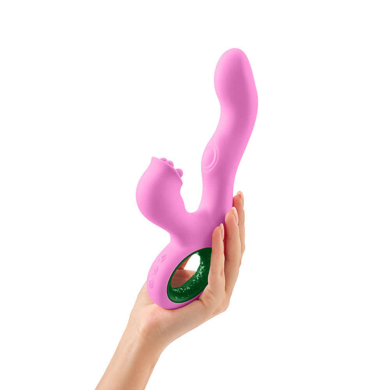 FemmeFunn Pallina Triple Action Thumping Rabbit Vibrator Pink held in hand, showcasing its unique design and features.