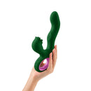 FemmeFunn Pallina Triple Action Thumping Rabbit Vibrator Dark Green held in a hand, showcasing its unique design.