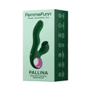 FemmeFunn Pallina Triple Action Thumping Rabbit Vibrator Dark Green packaging showcasing design and features.