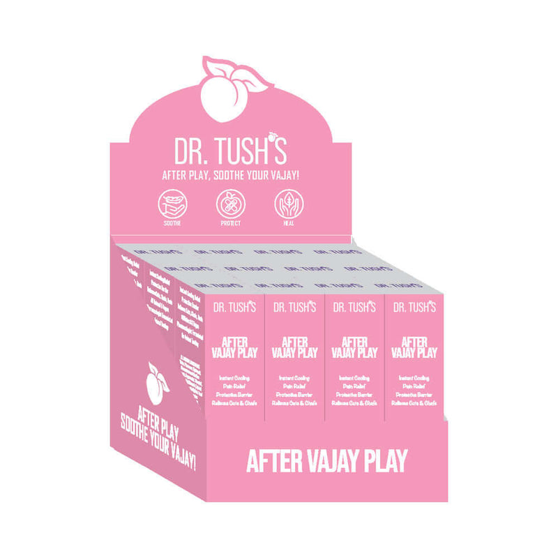 Dr Tushs After Vajay Play 12 Pack Display showcasing soothing post-intimacy gel for sensitive skin.