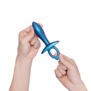 b-Vibe Butties Slide Silicone Butt Plug in blue color, showing ergonomic shape for comfortable use.