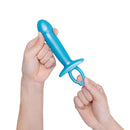 b-Vibe Butties Lil Dil Silicone Anal Dildo held by hands, featuring a sleek blue silicone design and ergonomic shape.