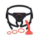 b-Vibe Beginners Strap-On Harness Set with 5 inch Dildo Peg featuring a black harness and a red silicone dildo.