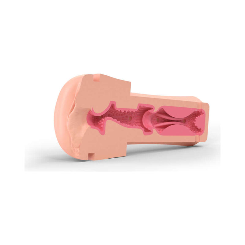 Mystim Opus E- Masturbator Vagina showcasing realistic internal textures and electrostimulation features for enhanced pleasure.