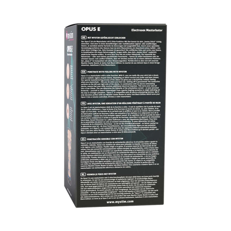 Mystim Opus E- Masturbator Vagina packaging showcasing features and instructions for electrostimulation pleasure.