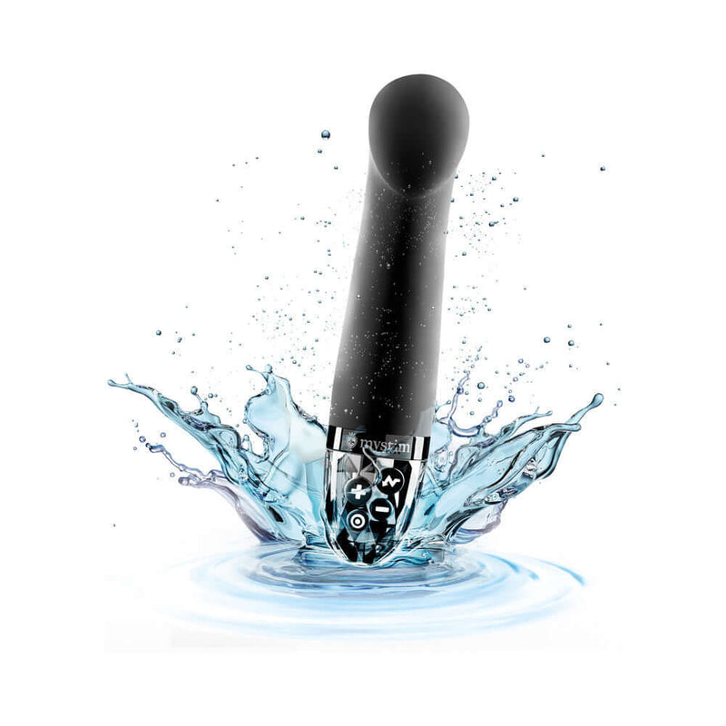 Mystim Right on Ron E-Stim Vibrator Black splashing in water, showcasing its design and electrostimulation features.