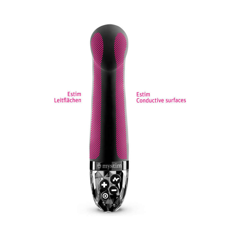 Mystim Right on Ron E-Stim Vibrator Black with conductive surfaces for targeted G-spot stimulation.