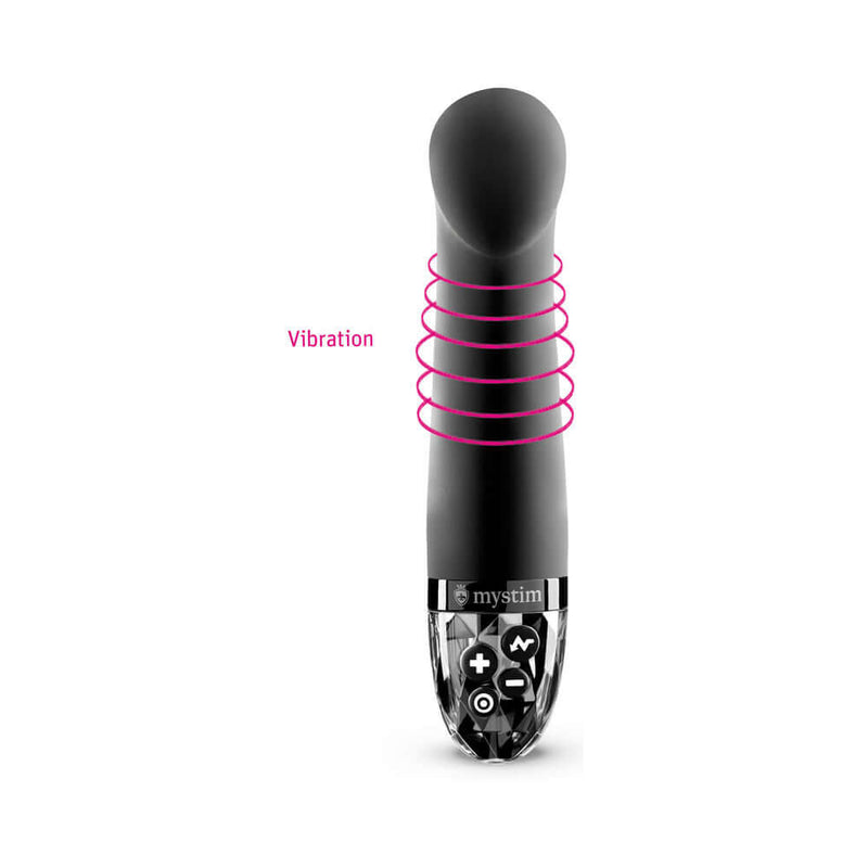 Mystim Right on Ron E-Stim Vibrator Black showcasing its powerful vibration features for G-spot stimulation.