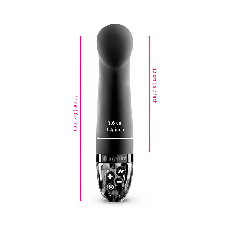 Mystim Right on Ron E-Stim Vibrator Black with dimensions for powerful G-spot stimulation and electrostimulation.