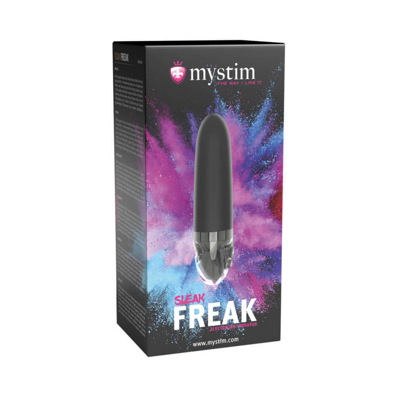 Mystim Sleak Freak E-Stim Vibrator Black in stylish packaging with vibrant design.