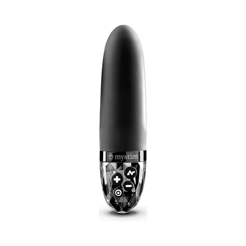 Mystim Sleak Freak E-Stim Vibrator Black showing sleek design and control panel for customizable pleasure.