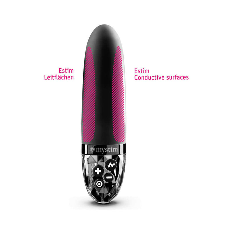 Mystim Sleak Freak E-Stim Vibrator Black showcasing its design and conductive surfaces for electrostimulation.