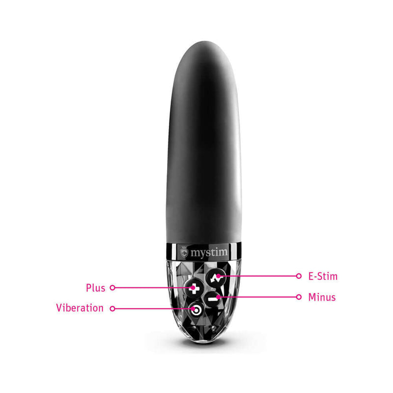 Mystim Sleak Freak E-Stim Vibrator Black with controls for E-Stim, vibration, plus and minus settings.