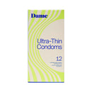 Dame Condoms Ultra Thin 12-Pack packaging showcasing design and features of ultra-thin condoms.