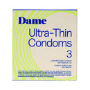 Dame Ultra Thin Condoms 3-Pack packaging featuring lubed latex condoms with reservoir tip.