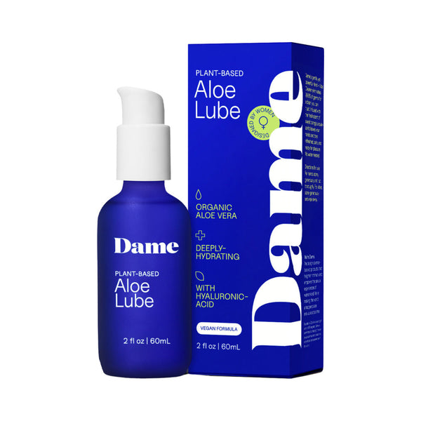 Dame Aloe Lube Personal Lubricant 2 Oz bottle with box showcasing organic aloe vera ingredients.
