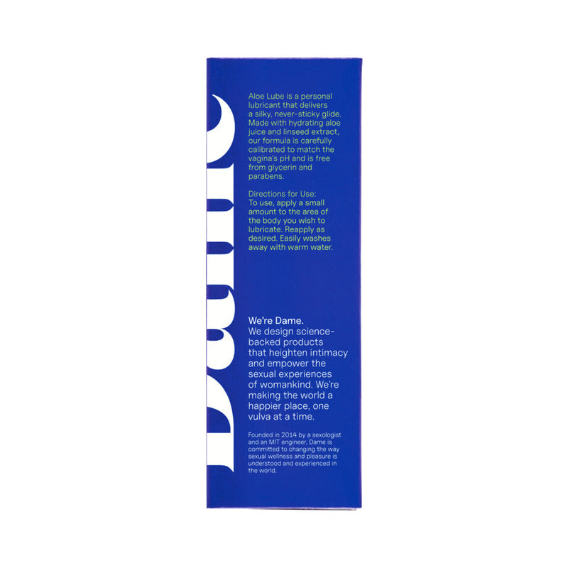 Dame Aloe Lube Personal Lubricant 2 Oz packaging showing usage instructions and product information.