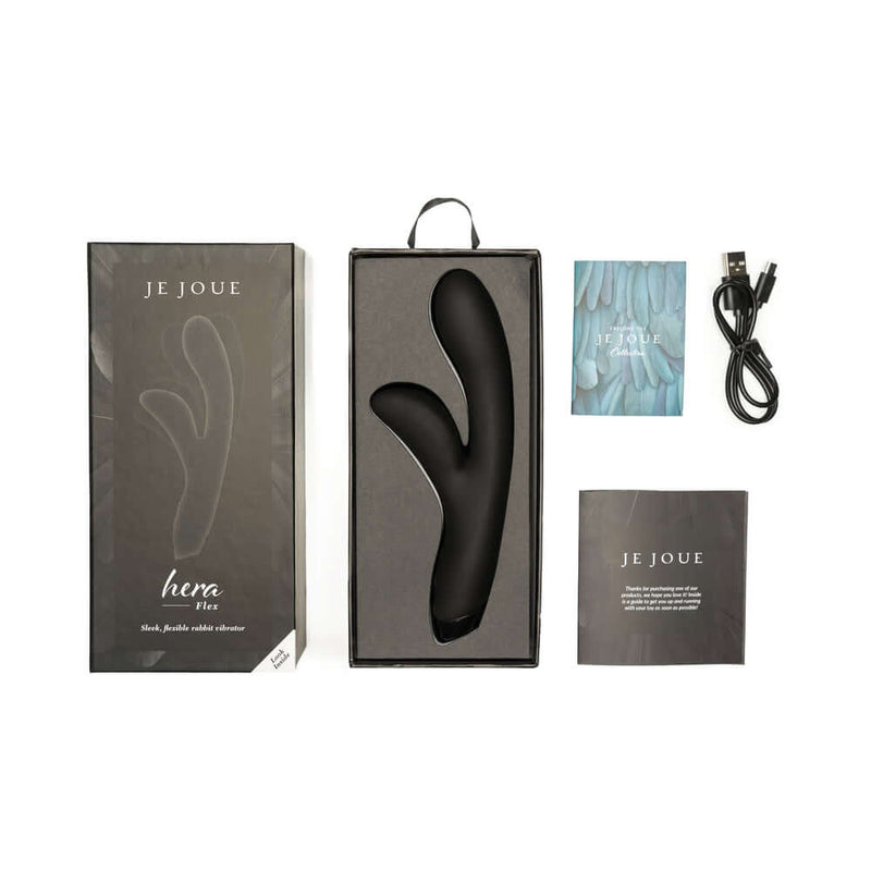 Je Joue Hera Flex Dual Rabbit Vibrator Black in packaging with accessories including USB charger and instruction booklet.