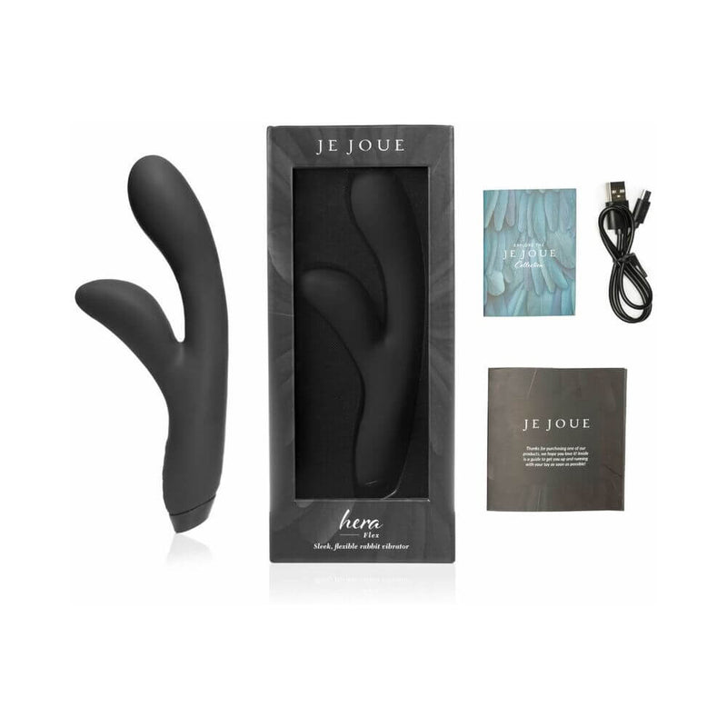 Je Joue Hera Flex Dual Rabbit Vibrator Black packaging and accessories with sleek design.