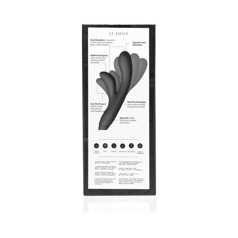 Je Joue Hera Flex Dual Rabbit Vibrator Black packaging features and instructions.